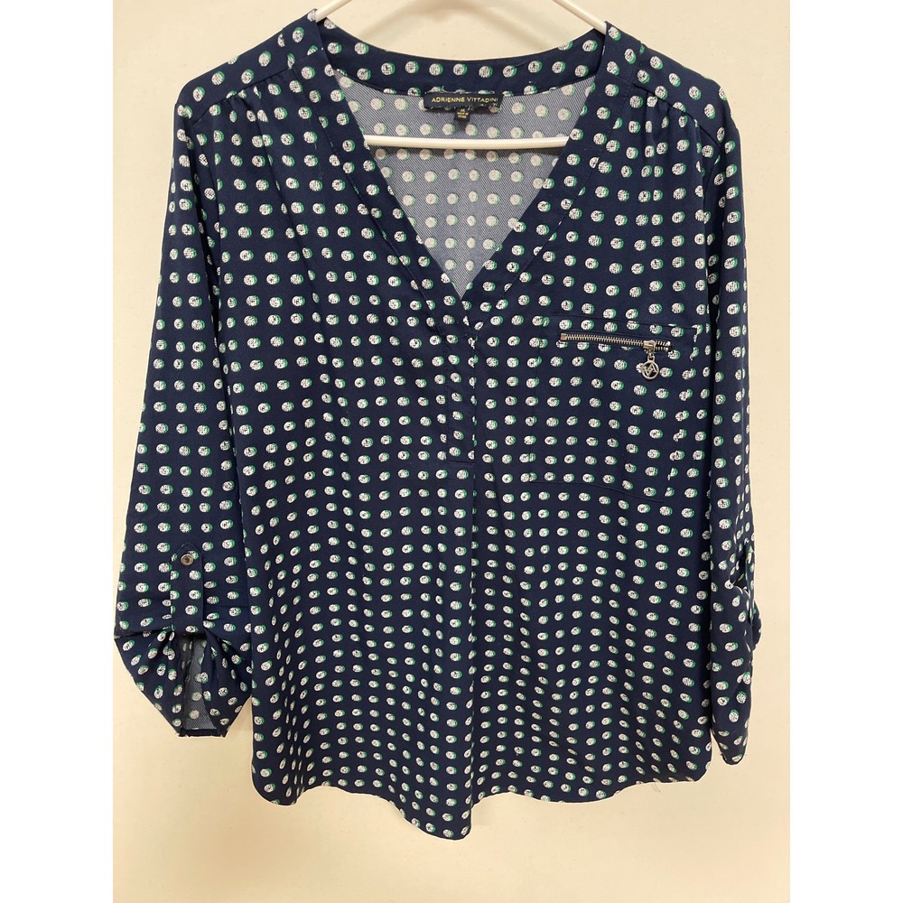 Adrienne Vittadini Navy Polka Dot V-Neck Roll Tab Sleeve Blouse XL